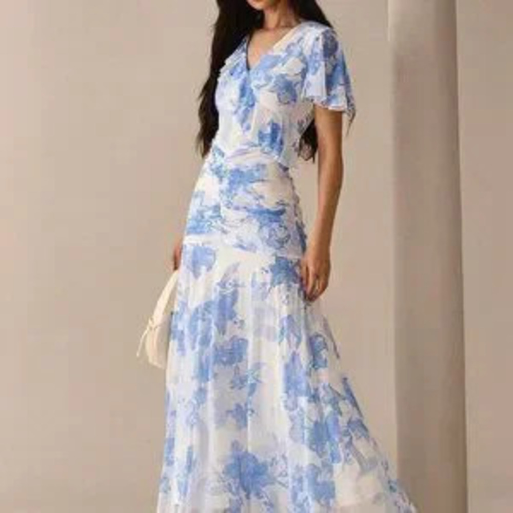 Blue Elegant Women's Floral Maxi Dress with V-Neck Short Sleeves, Ruched Print